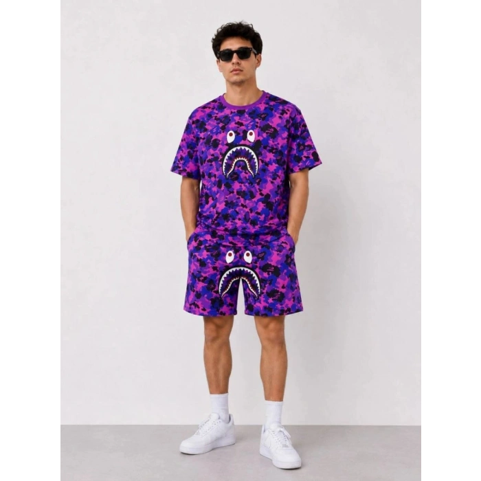 Erkek Oversize Kalıp Pubg Bape X Shark Nakışlı Cepli Şort Takım - Mor