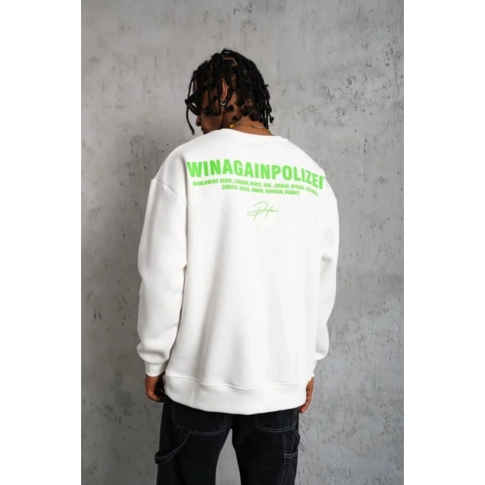Erkek Oversize Sweatshirt Ön ve Sırt Baskılı 3 İplik Pamuklu - Beyaz