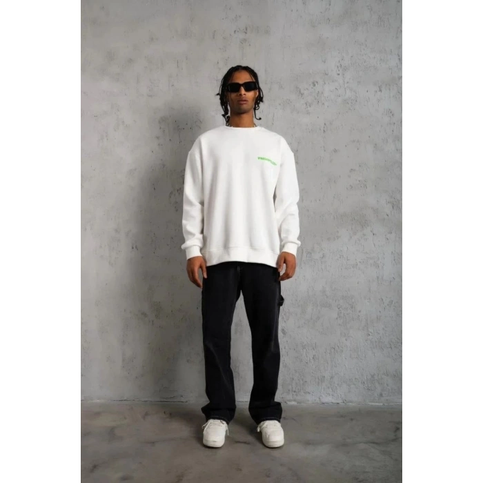 Erkek Oversize Sweatshirt Ön ve Sırt Baskılı 3 İplik Pamuklu - Beyaz