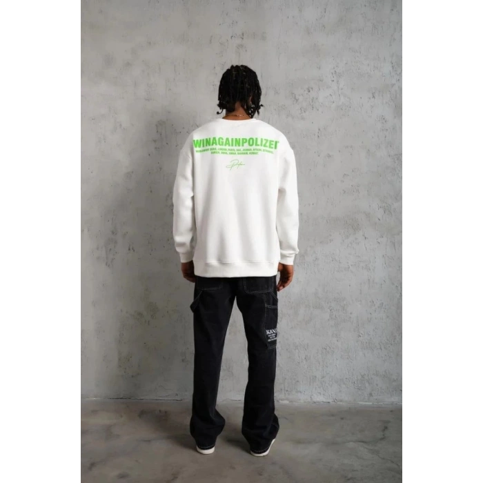 Erkek Oversize Sweatshirt Ön ve Sırt Baskılı 3 İplik Pamuklu - Beyaz