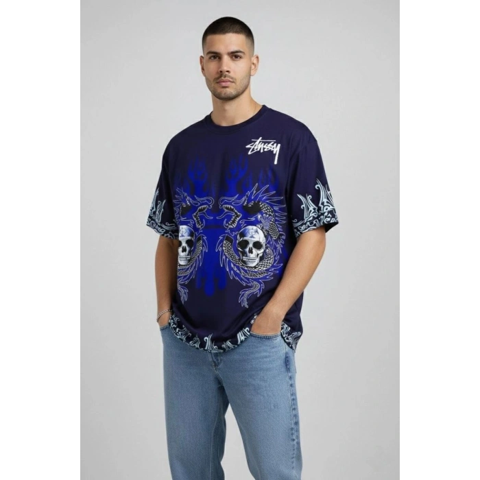 Erkek Oversize Tişört Dragon Kuru Kafa Baskılı Bisiklet Yaka T-Shirt - Lacivert