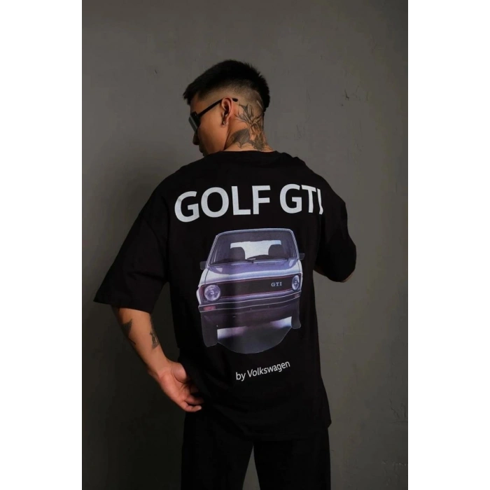 Erkek Oversize Tişört Golf GTI Retro Araba Baskılı T-shirt - Siyah
