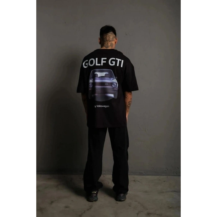 Erkek Oversize Tişört Golf GTI Retro Araba Baskılı T-shirt - Siyah