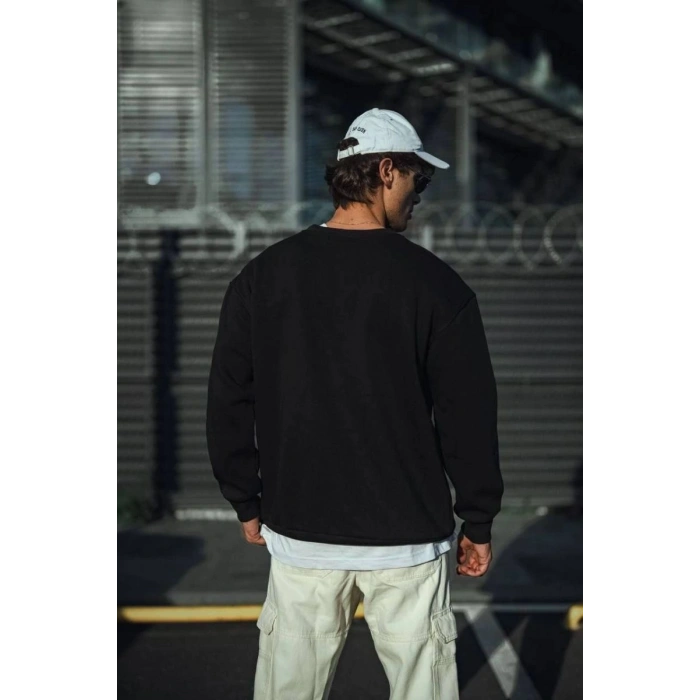 Erkek pamuklu Bisiklet Yaka 3 İplik Basic SweatShirt - Siyah
