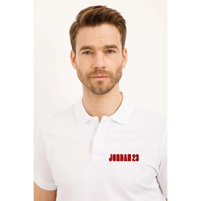 Erkek Pike Polo Yaka Tişört Düğmeli Baskılı T-Shirt - Beyaz