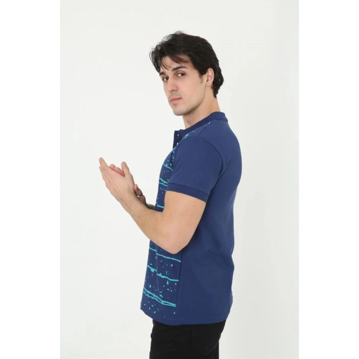Erkek Pike Polo Yaka tişört Slim Fit Baskılı Kısa kol T-Shirt - Mavi