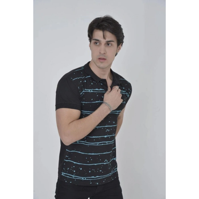 Erkek Pike Polo Yaka tişört Slim Fit Baskılı Kısa kol T-Shirt - Siyah