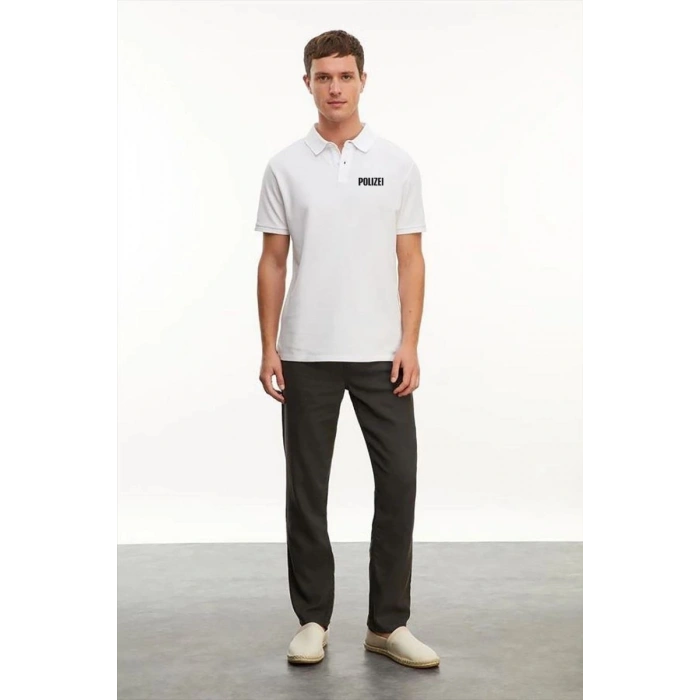 Erkek Polo Yaka Düğmeli Tişört Pike Baskılı T-Shirt - Beyaz