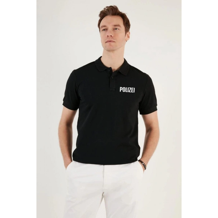 Erkek Polo Yaka Tişört Düğmeli Pike Baskılı T-Shirt - Siyah