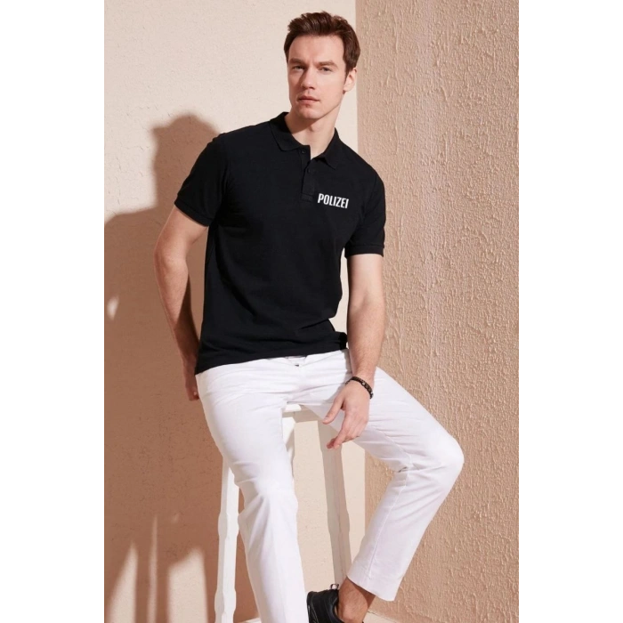 Erkek Polo Yaka Tişört Düğmeli Pike Baskılı T-Shirt - Siyah