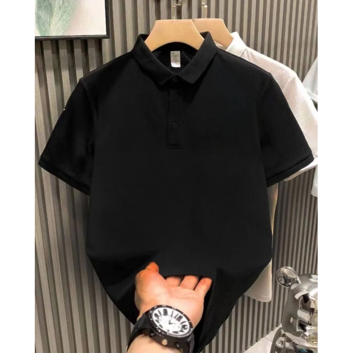Erkek Polo Yaka Tişört Düğmeli Pike Düz T-Shirt - Siyah
