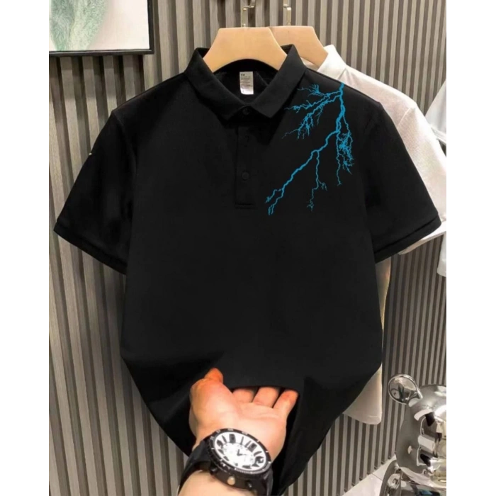 Erkek Polo Yaka Tişört Düğmeli Yıldırım Baskılı Pike T-Shirt - Siyah