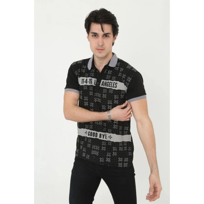 Erkek Polo Yaka tişört Slim Fit Baskılı Kısa kol T-Shirt - Siyah