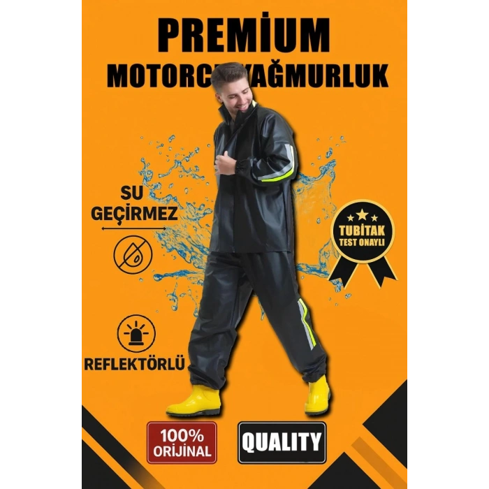Erkek Premium Motorcu Kurye Yağmurluk Takım Su Geçirmez PVC Kumaş Reflektörlü  - Siyah