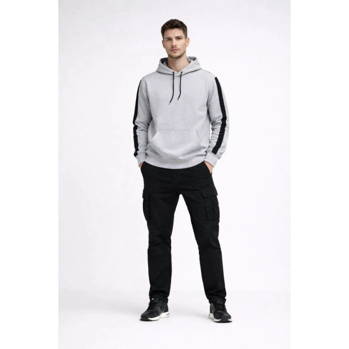 Erkek Şeritli Kapüşonlu Oversize Sweatshirt 3 iplik Pamuklu hoodie - Beyaz