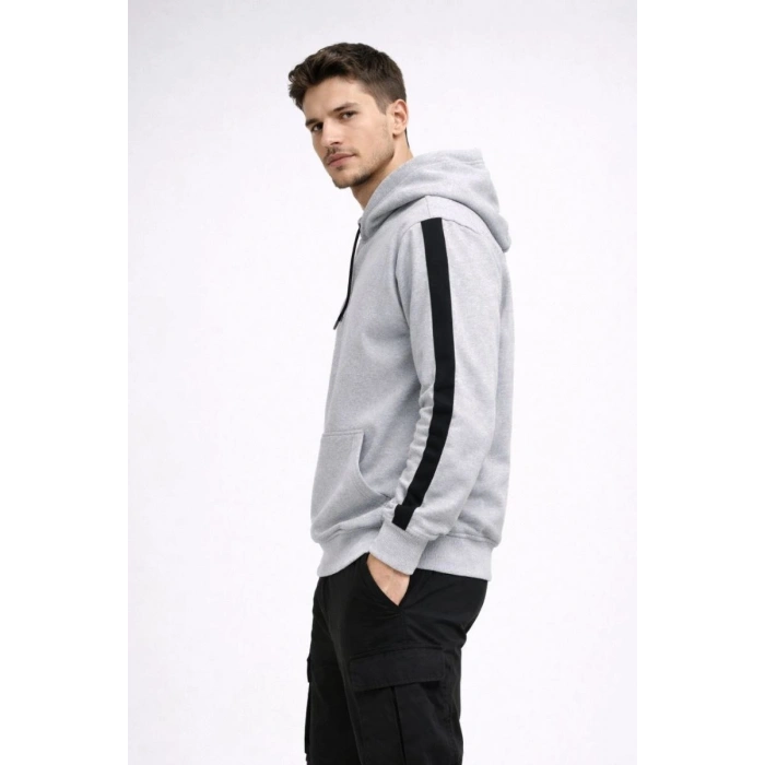 Erkek Şeritli Kapüşonlu Oversize Sweatshirt 3 iplik Pamuklu hoodie - Beyaz