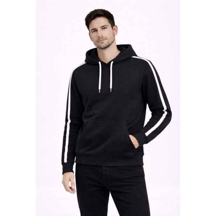 Erkek Şeritli Kapüşonlu Sweatshirt Oversize 3 iplik Pamuklu Hoodei - Siyah