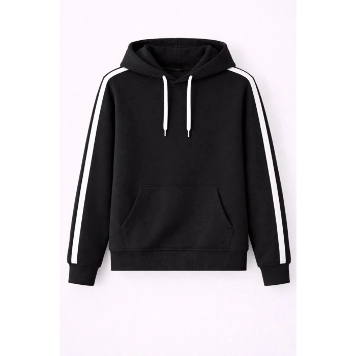 Erkek Şeritli Kapüşonlu Sweatshirt Oversize 3 iplik Pamuklu Hoodei - Siyah
