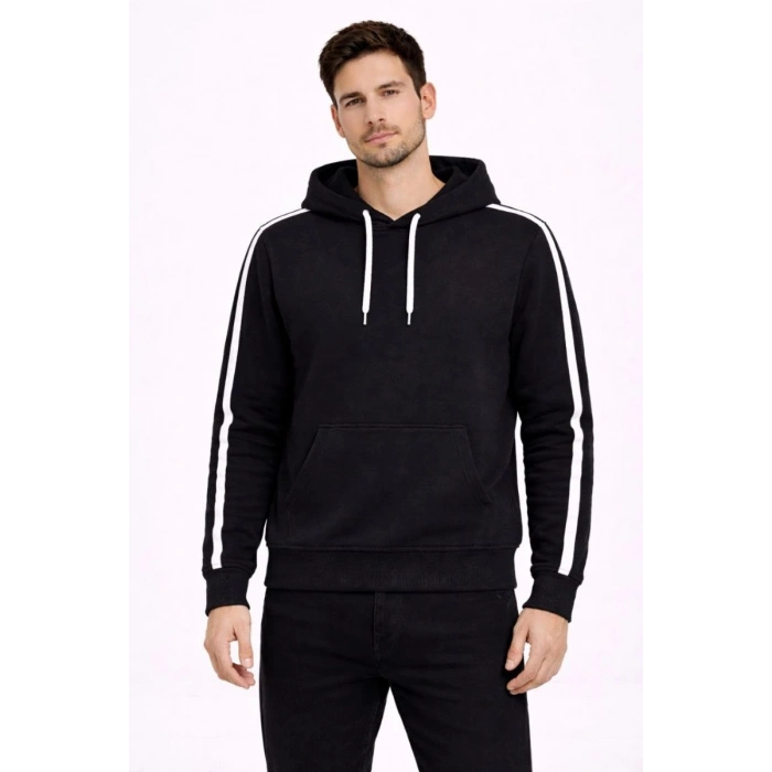 Erkek Şeritli Kapüşonlu Sweatshirt Oversize 3 iplik Pamuklu Hoodei - Siyah