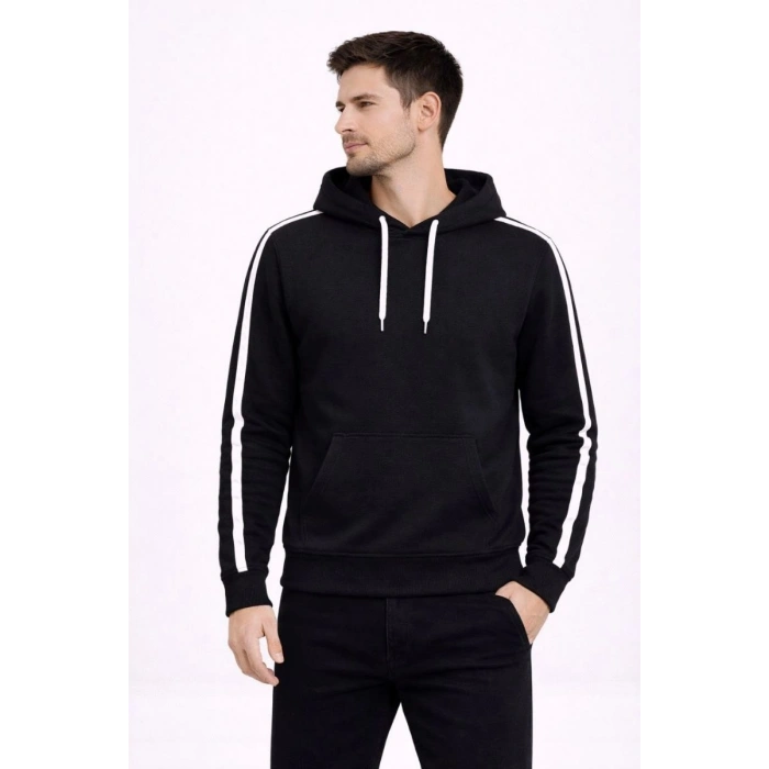 Erkek Şeritli Kapüşonlu Sweatshirt Oversize 3 iplik Pamuklu Hoodei - Siyah