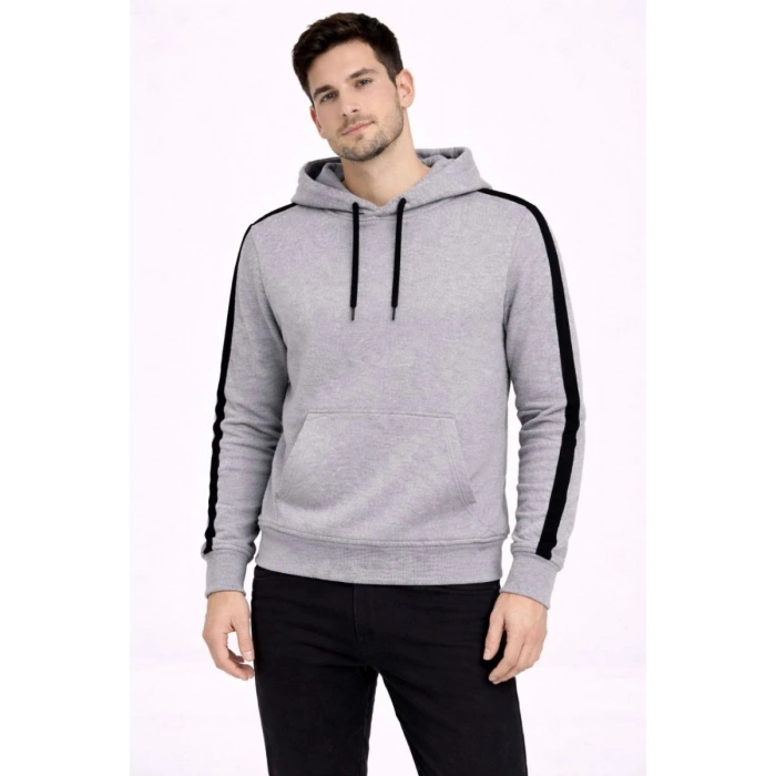 Erkek Şeritli Kapüşonlu Sweatshirt Oversize 3 iplik Pamuklu Hoodie - Gri
