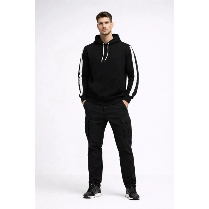 Erkek Şeritli Kapüşonlu Sweatshirt Oversize 3 iplik Pamuklu Hoodie - Siyah