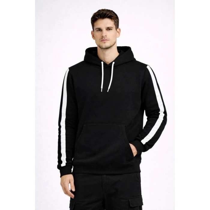 Erkek Şeritli Kapüşonlu Sweatshirt Oversize 3 iplik Pamuklu Hoodie - Siyah