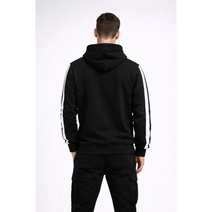 Erkek Şeritli Kapüşonlu Sweatshirt Oversize 3 iplik Pamuklu Hoodie - Siyah