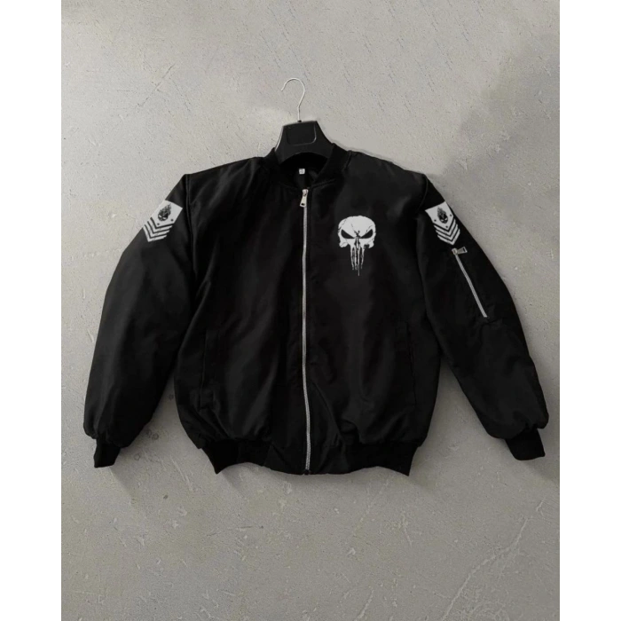 ERKEK Siyah Askeri Tarz Bomber Mont Punisher Skull Detaylı Fermuarlı Cepli - Siyah