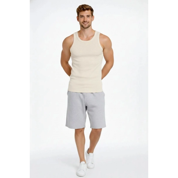Erkek Spor Slimfit Fitilli Kaşkorse Arka Basklı Atlet 2li Set Siyah-Bej