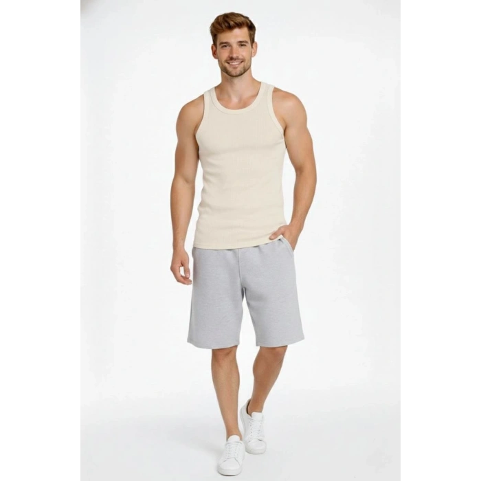 Erkek Spor Slimfit Fitilli Kaşkorse Arka Basklı Atlet 2li Set Siyah-Bej