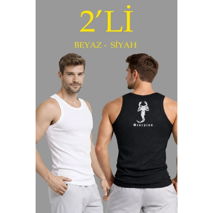 Erkek Spor Slimfit Fitilli Kaşkorse Arka Basklı Atlet 2li Set Siyah-Beyaz