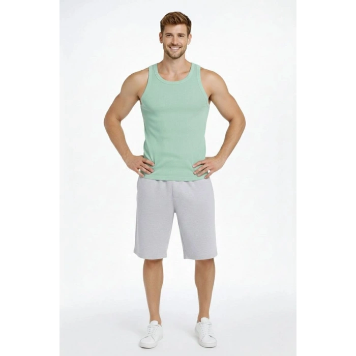 Erkek Spor Slimfit Fitilli Kaşkorse Arka Basklı Atlet 2li Set Siyah-Mint Yeşili