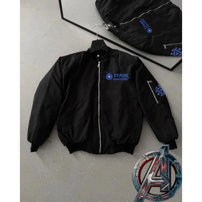 ERKEK Stark Industries Siyah Bomber Mont Fermuarlı Cepli Uzun Kollu Kapitone - Siyah