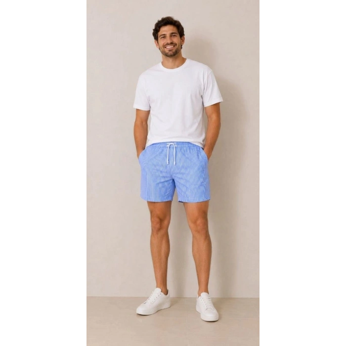 ERKEK Su Yolu Çizgili Şort Ön Arka Cepli Lastikli Bel Regular Fit Yazlık Şort - Mavi