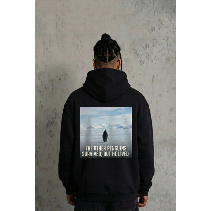 Erkek Survivor Penguin Baskılı 3 İplik Pamuklu Kapüşonlu Sweatshirt Hoodie Siyah