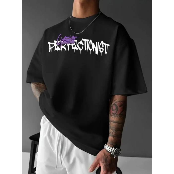 Erkek T-shirt Baskılı Bisiklet Yaka Kısa Kol Tişört - Siyah