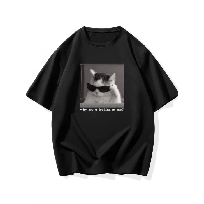 Erkek T-Shirt Komik Kedi Baskılı kısa kol Tişört - Siyah