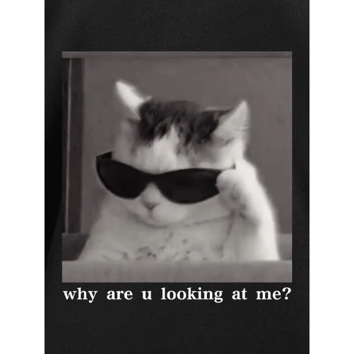 Erkek T-Shirt Komik Kedi Baskılı kısa kol Tişört - Siyah