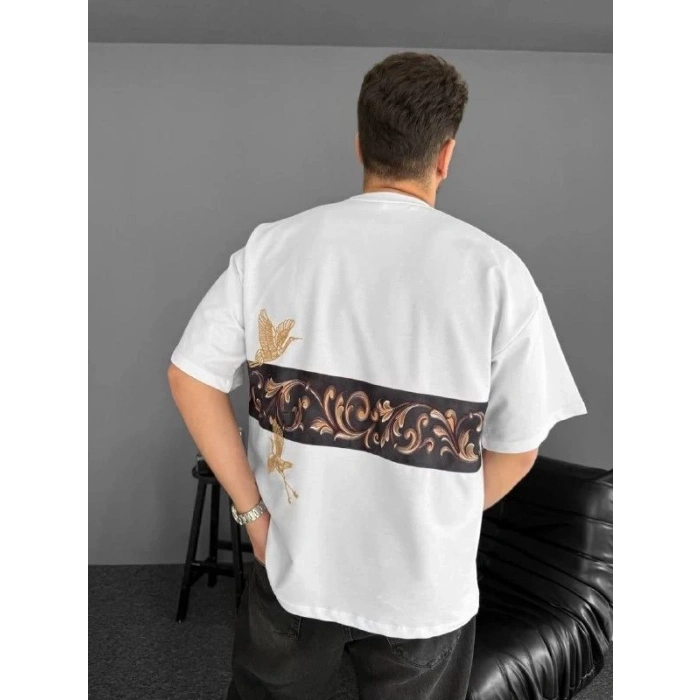 Erkek T-Shirt Ön ve Arka Baskılı Oversize Bisiklet Yaka tişort - Beyaz