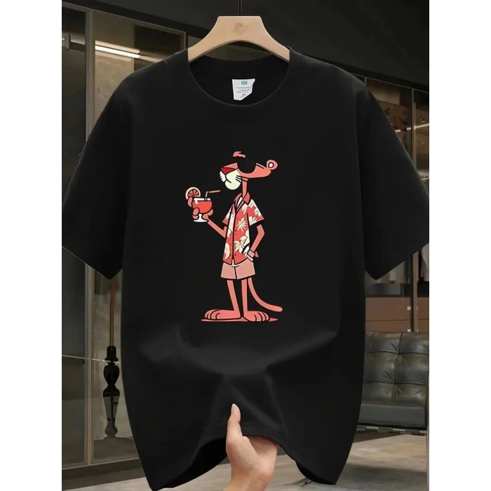 Erkek T-Shirt Pembe Panter Baskılı Kısa Kollu Tişört - Siyah