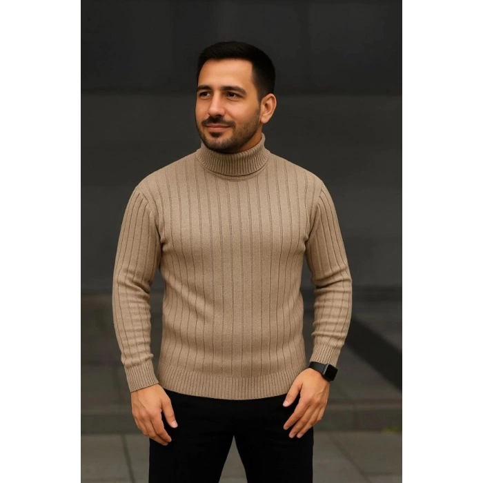 Erkek Tam Boğazlı Balıkçı Yaka Triko Kazak Kalın Fitilli - Bej