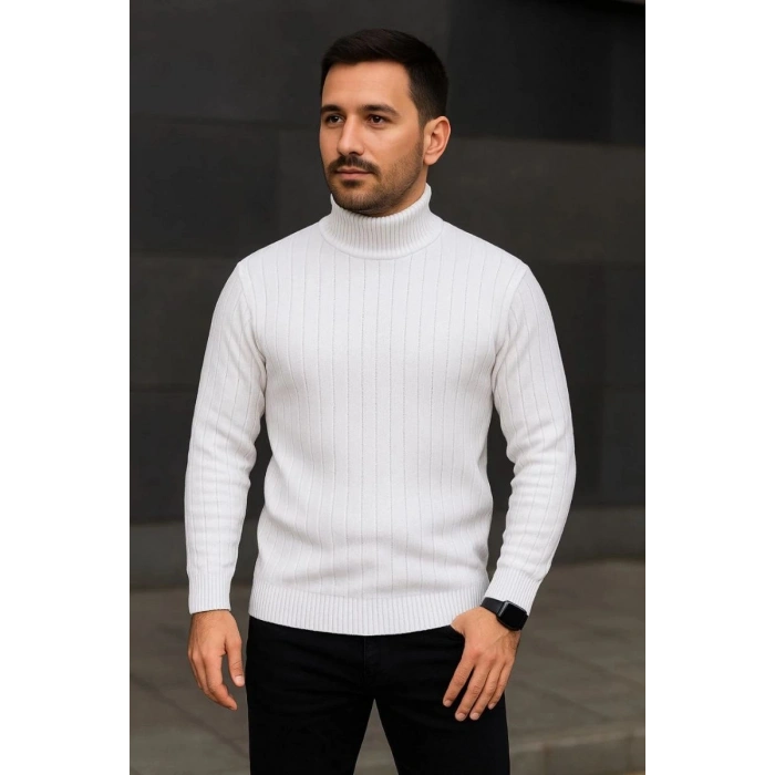 Erkek Tam Boğazlı Balıkçı Yaka Triko Kazak Kalın Fitilli - Beyaz