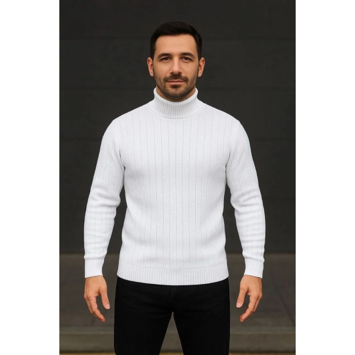 Erkek Tam Boğazlı Balıkçı Yaka Triko Kazak Kalın Fitilli - Beyaz