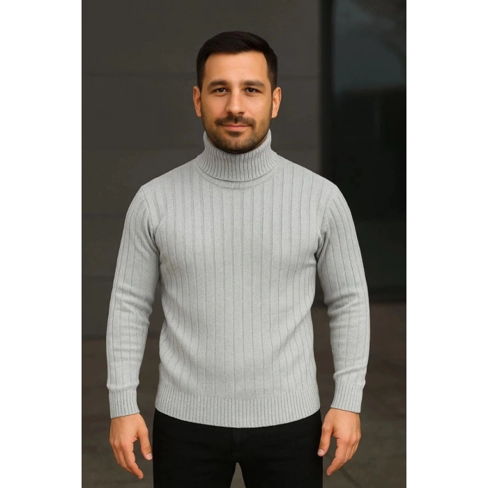 Erkek Tam Boğazlı Balıkçı Yaka Triko Kazak Kalın Fitilli -  Gri
