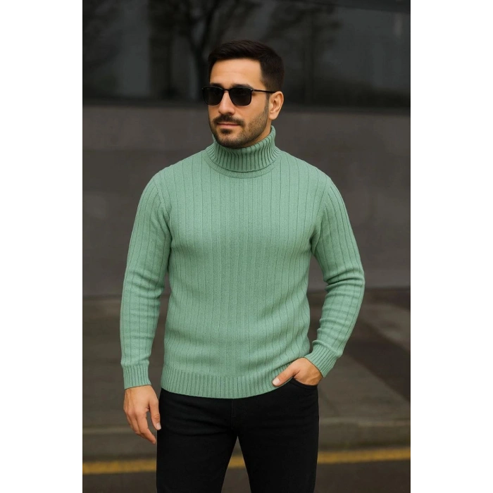 Erkek Tam Boğazlı Balıkçı Yaka Triko Kazak Kalın Fitilli - Mint Yeşili