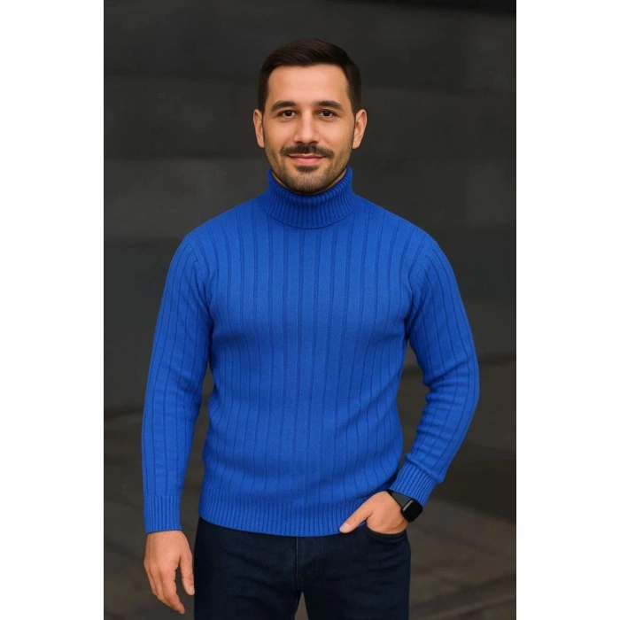 Erkek Tam Boğazlı Balıkçı Yaka Triko Kazak Kalın Fitilli - Saks Mavisi