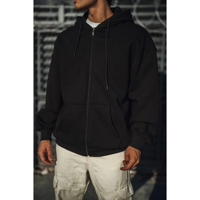Erkek Tam Fermuarlı Cepli Kapüşonlu 3 iplik pamuklu hoodie Sweatshirt - Siyah