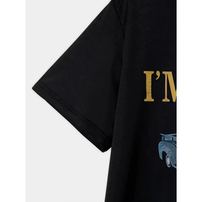 Erkek Tişört Araba Baskılı Kısa kol t-shirt - Siyah