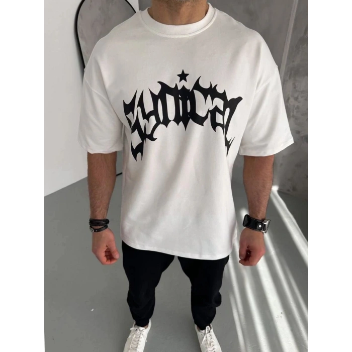 ERKEK Tişört Bisiklet Yaka Baskılı Kısa kol T-Shirt - Beyaz